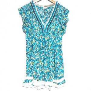 Poupette St Barth Sasha Blue Green Floral Fringe Mini Dress XS Viscose Boho Vaca
